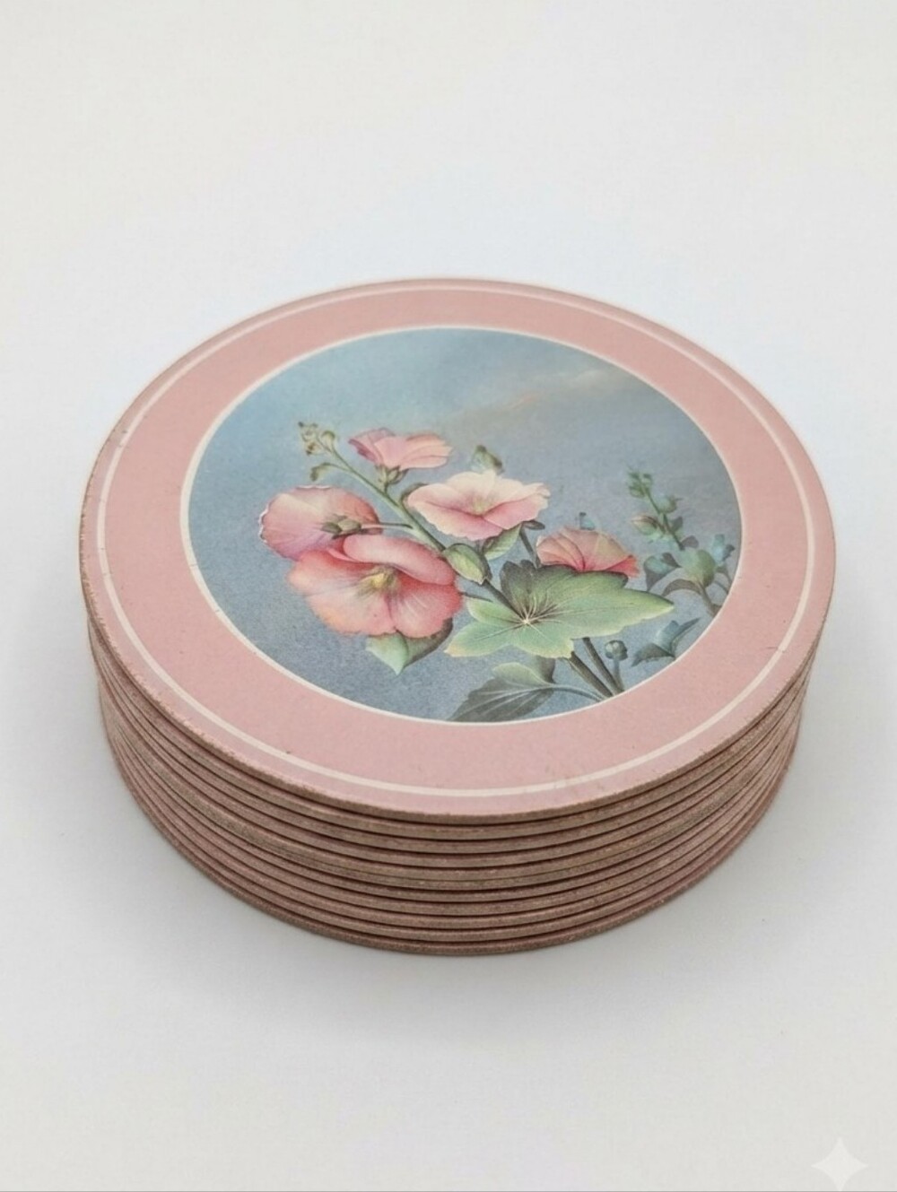 1970s ☕ "Pink Hollyhocks" English Life Coasters (Complete Set Of 6) MCM